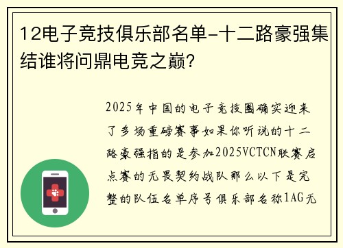 12电子竞技俱乐部名单-十二路豪强集结谁将问鼎电竞之巅？